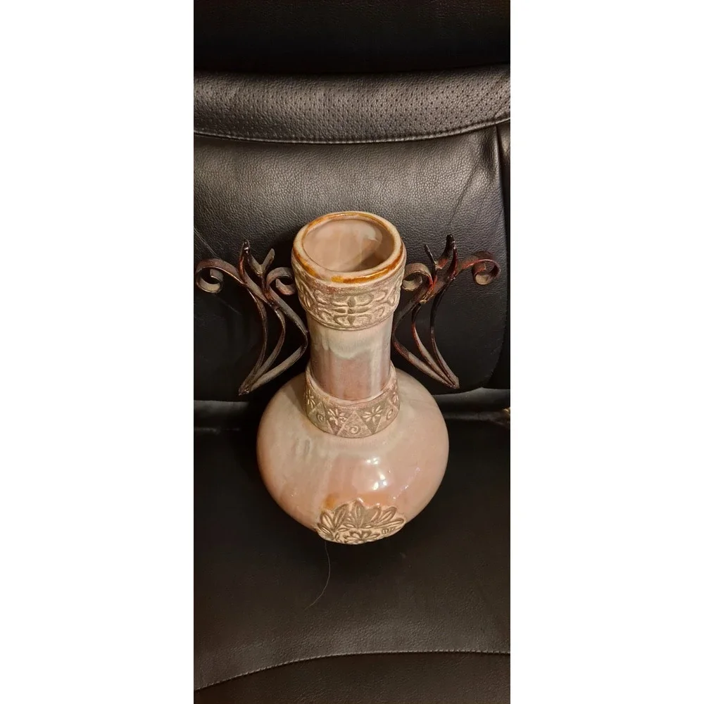 Beautiful Ceramic Vase‎ With Metal Side Handles 13.25